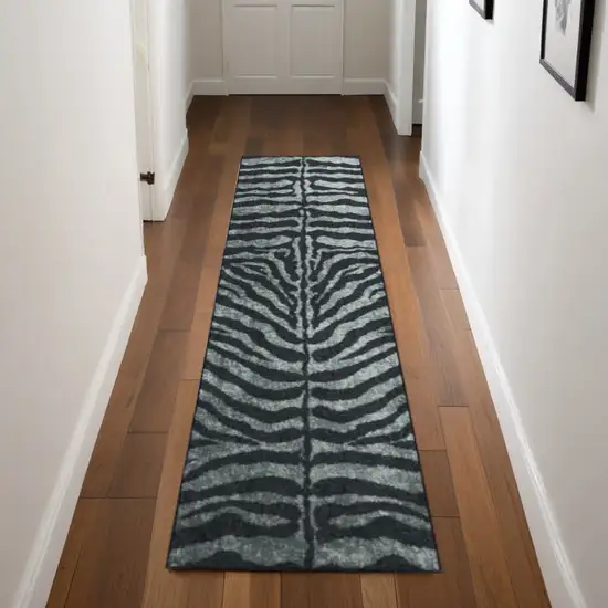 2' X 8' Black and Gray Zebra Print Shag Handmade Non Skid Runner Rug Photo 1
