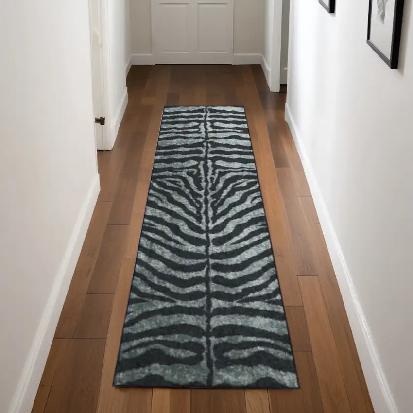 2' X 8' Black and Gray Zebra Print Shag Handmade Non Skid Runner Rug Photo 1