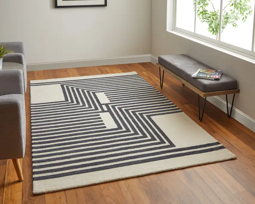 Black and Ivory Abstract Geometric Hand Tufted Area Rug Photo 9