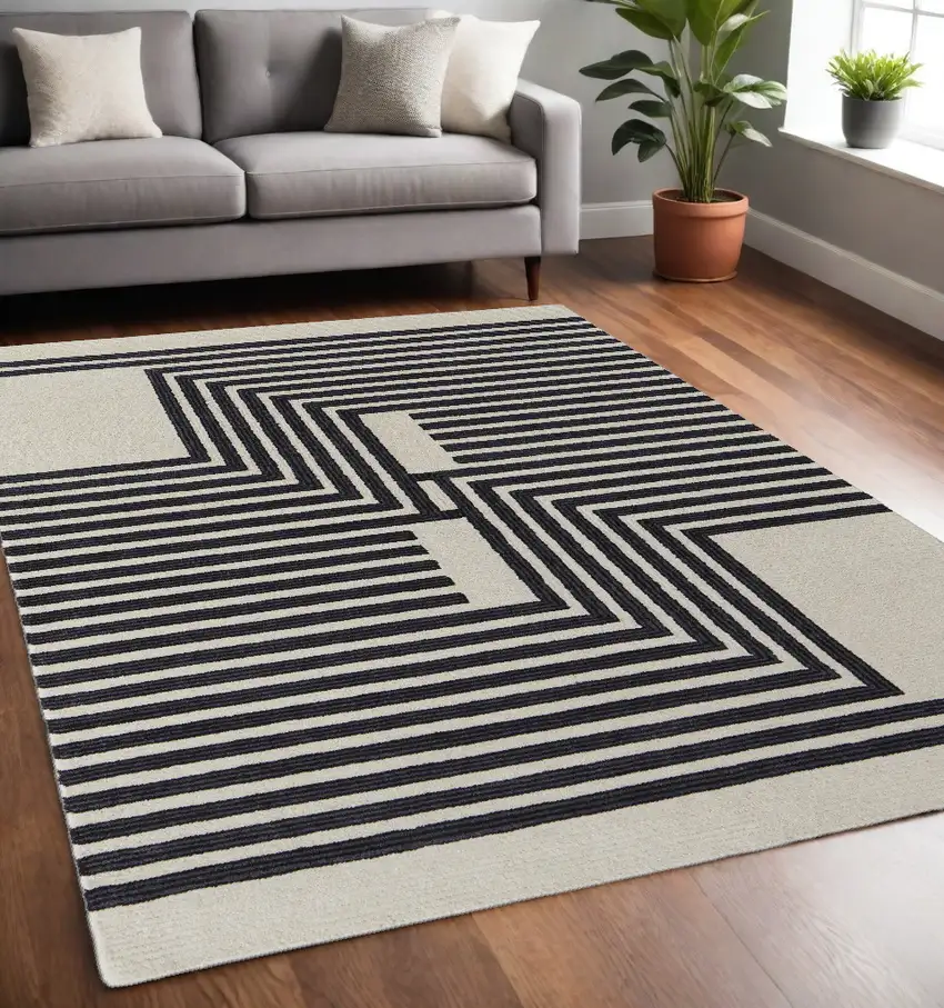 Black and Ivory Abstract Geometric Hand Tufted Area Rug Photo 1