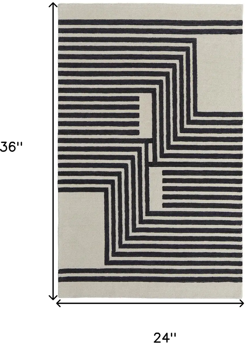 Black and Ivory Abstract Geometric Hand Tufted Area Rug Photo 3