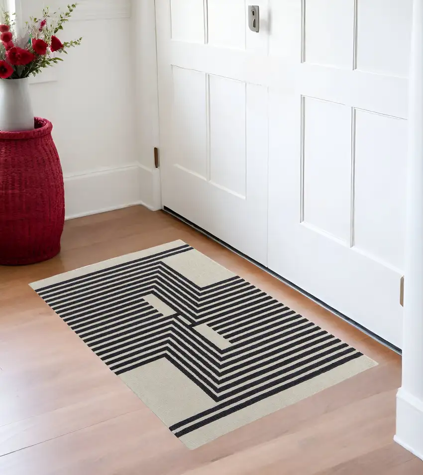 Black and Ivory Abstract Geometric Hand Tufted Area Rug Photo 1
