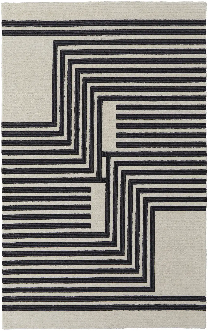 Black and Ivory Abstract Geometric Hand Tufted Area Rug Photo 2