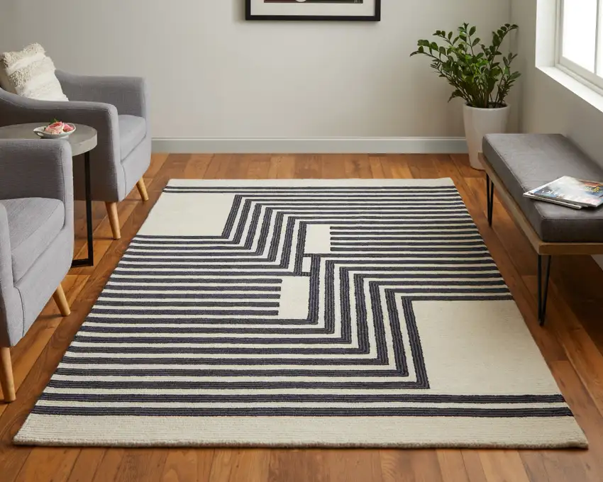 Black and Ivory Abstract Geometric Hand Tufted Area Rug Photo 9