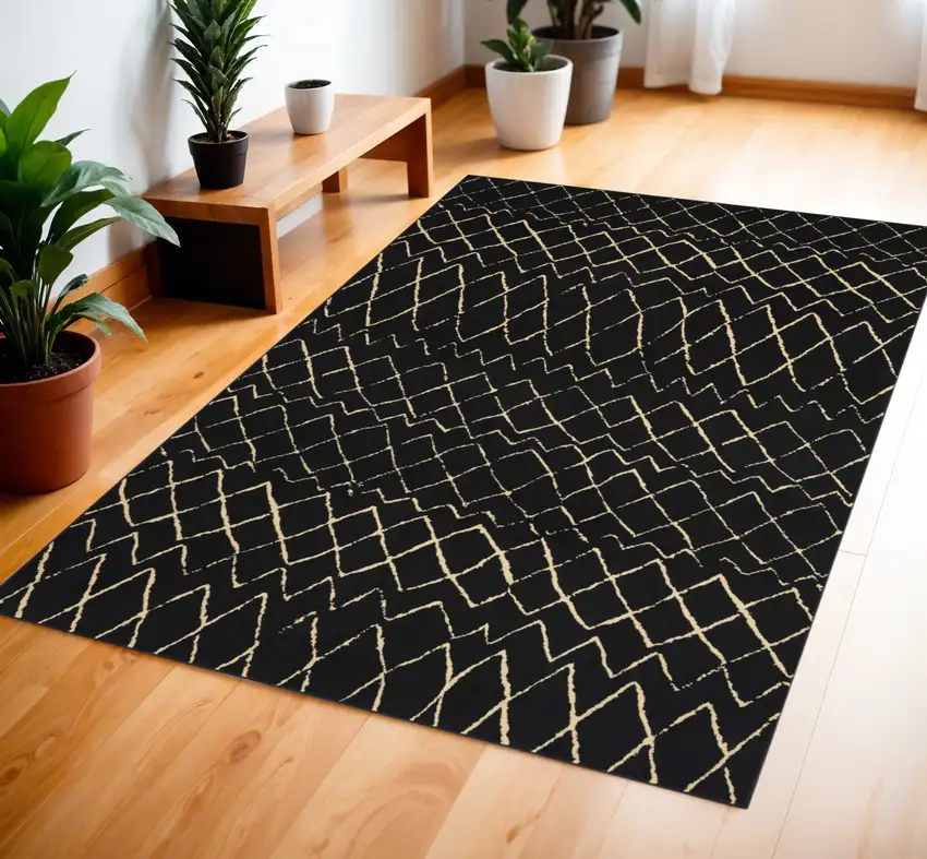 Black and Ivory Abstract Power Loom Distressed Area Rug Photo 1