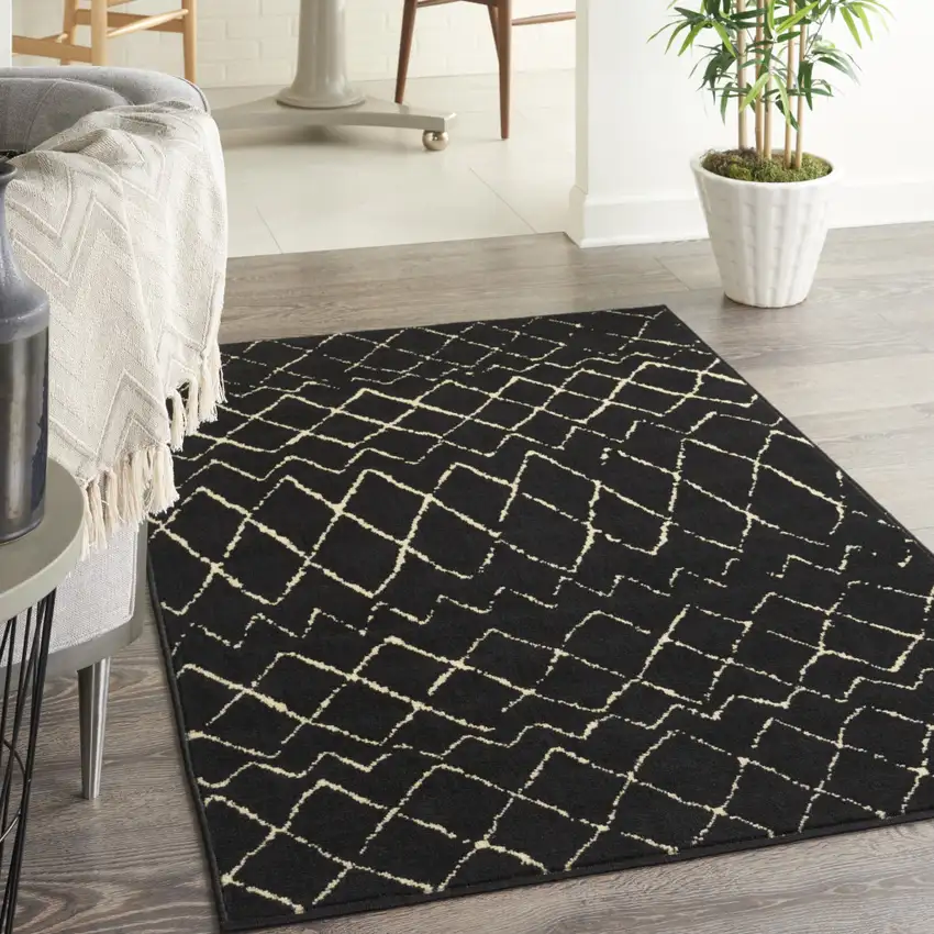 Black and Ivory Abstract Power Loom Distressed Area Rug Photo 6