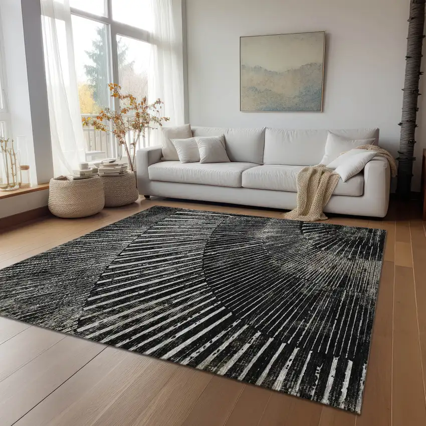 Black And Ivory Abstract Washable Indoor Outdoor Area Rug Photo 9
