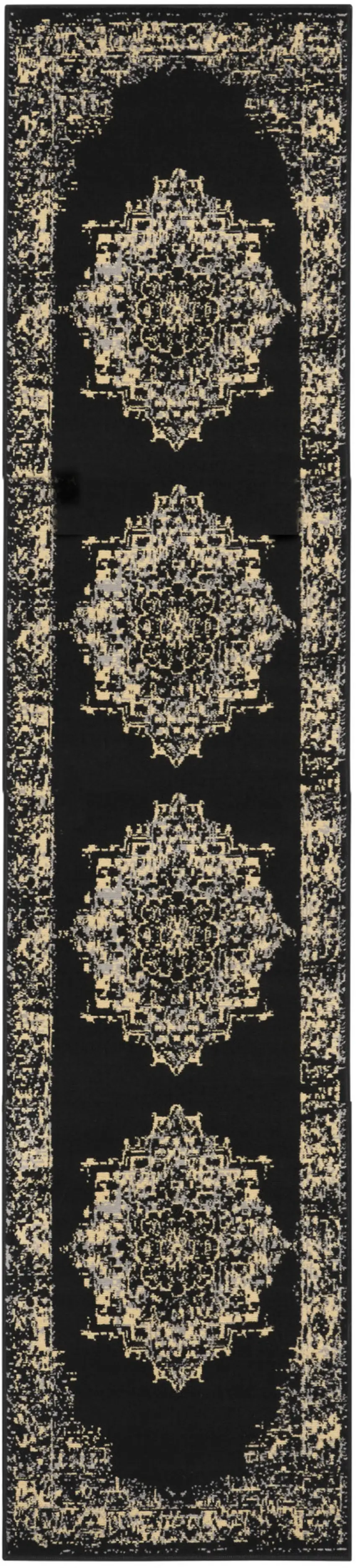12' Black And Ivory Damask Runner Rug Photo 4