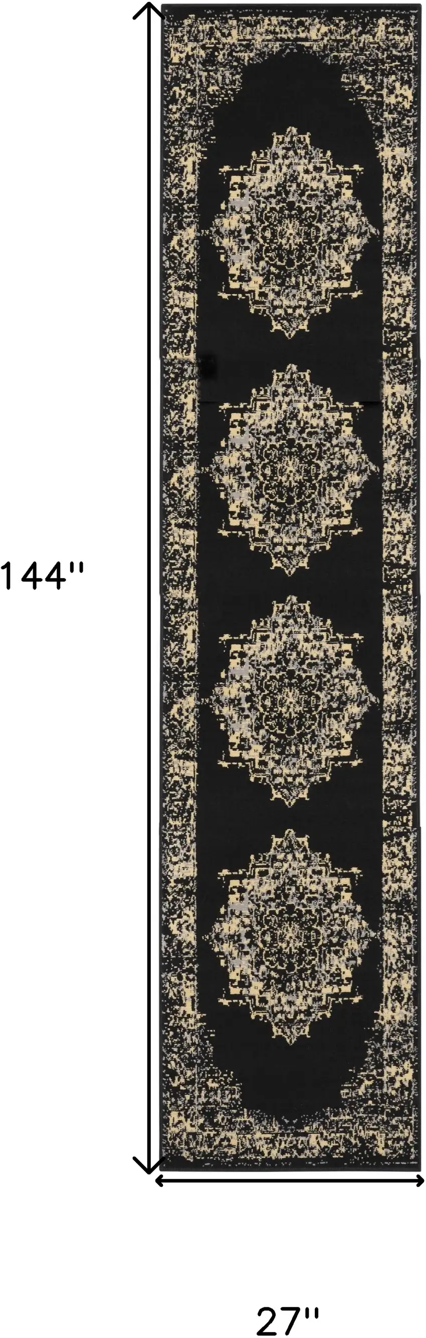Black and Ivory Damask Power Loom Runner Rug Photo 3
