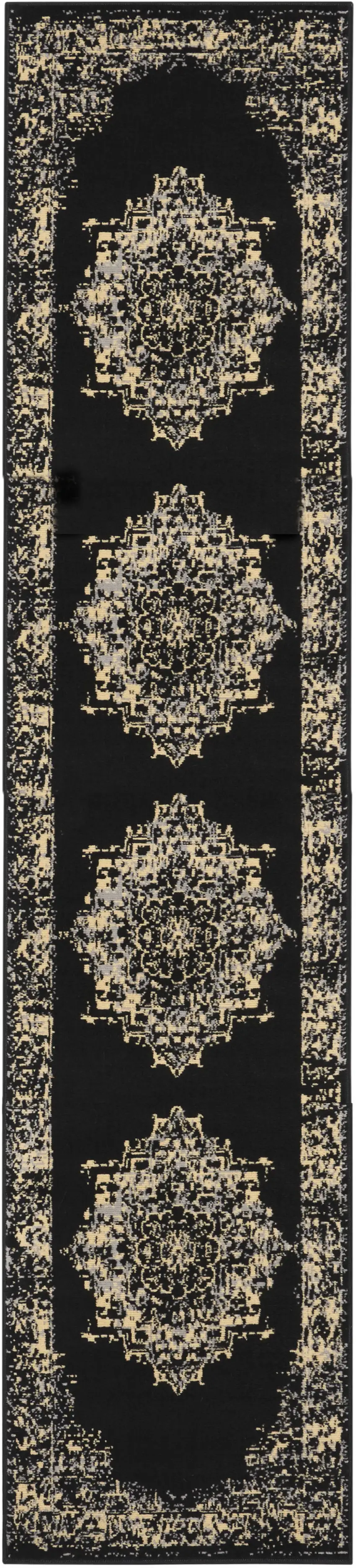 Black and Ivory Damask Power Loom Runner Rug Photo 2