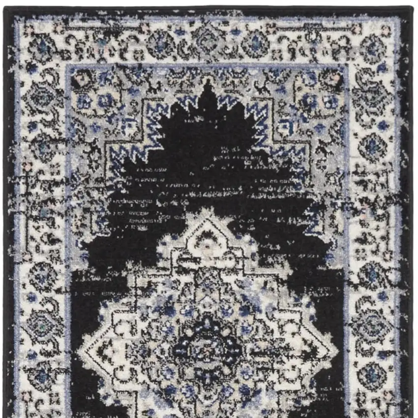 10' Black And Ivory Floral Distressed Runner Rug Photo 7