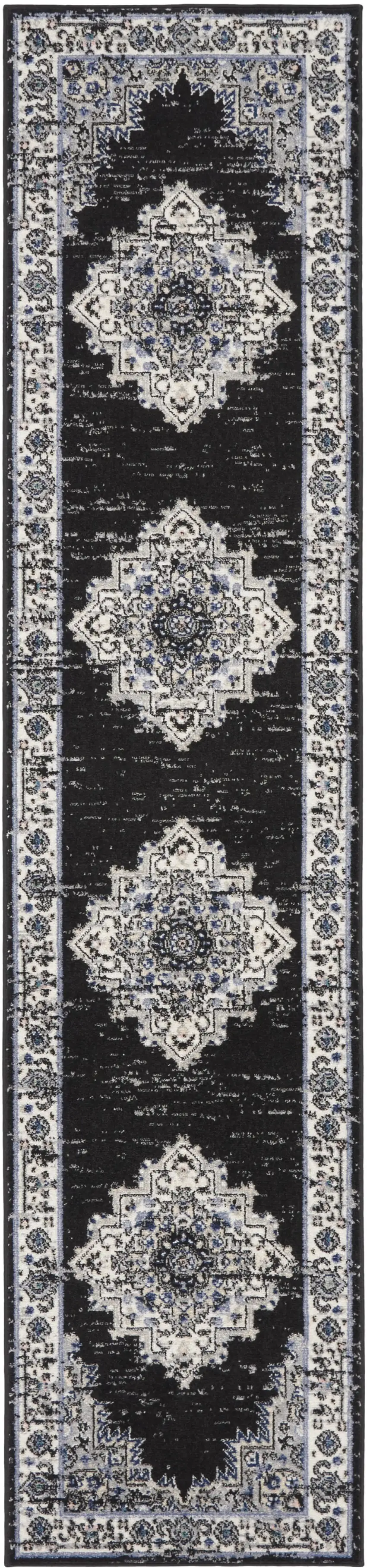 Black and Ivory Floral Power Loom Distressed Runner Rug Photo 2