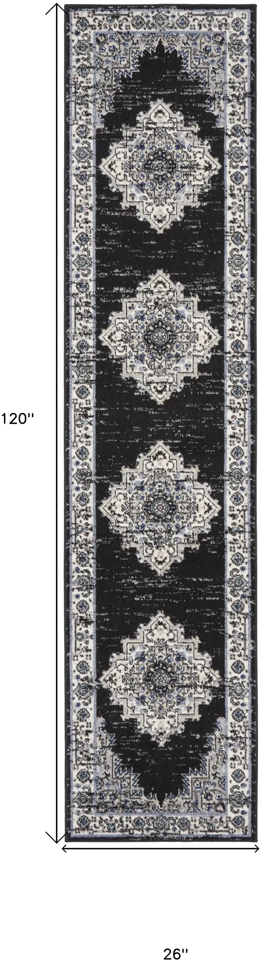 Black and Ivory Floral Power Loom Distressed Runner Rug Photo 3