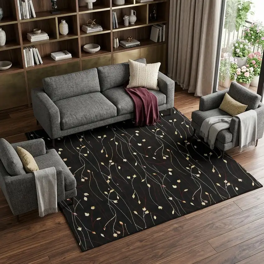 Black and Ivory Floral Power Loom Non Skid Area Rug Photo 1