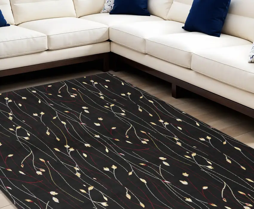 Black and Ivory Floral Power Loom Non Skid Area Rug Photo 1