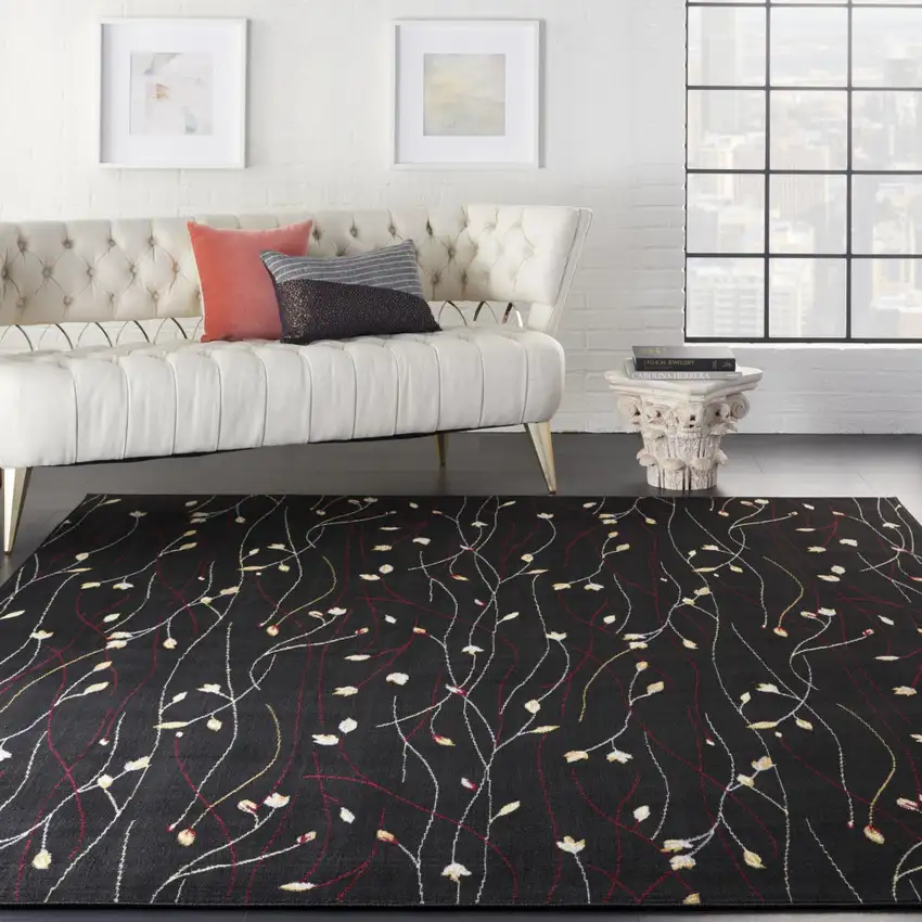 Black and Ivory Floral Power Loom Non Skid Area Rug Photo 4