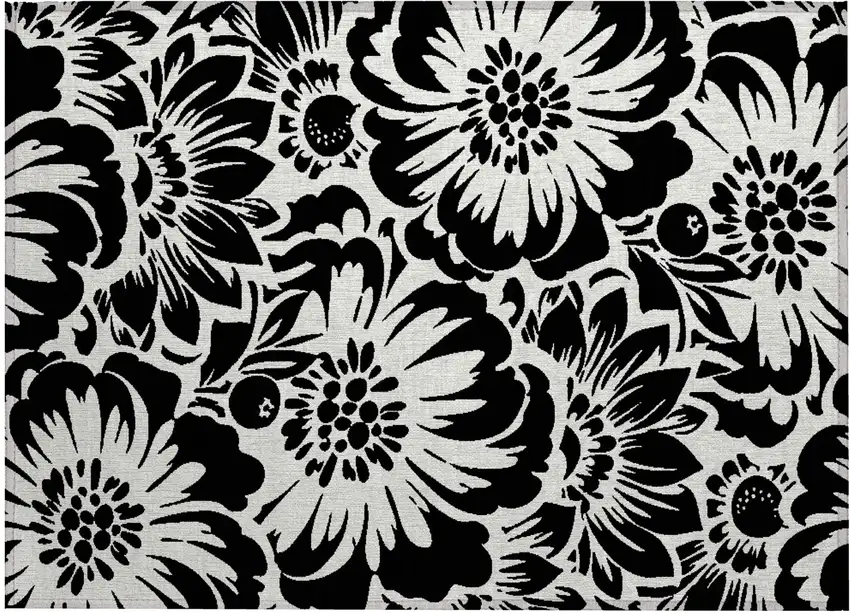 Black and Ivory Floral Washable Non Skid Indoor Outdoor Area Rug Photo 1