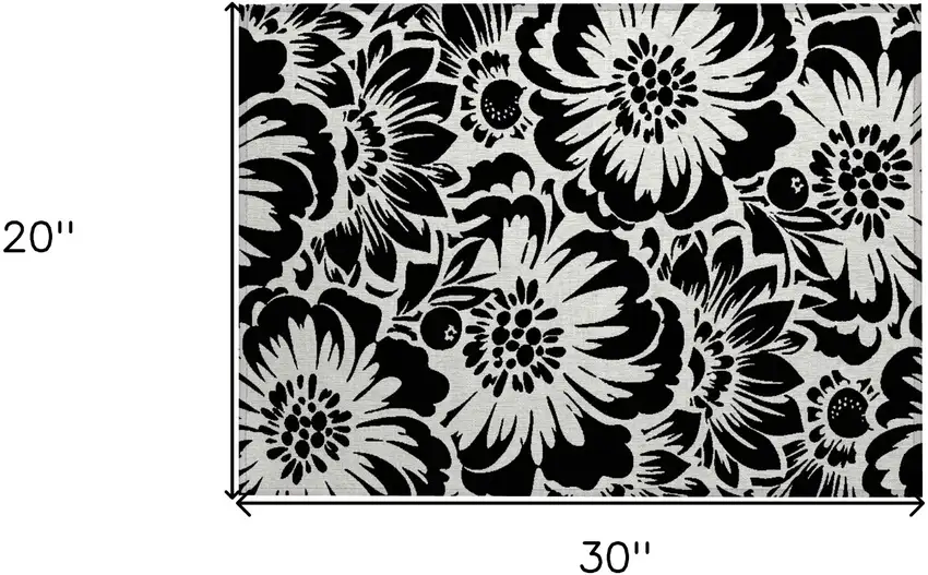 Black and Ivory Floral Washable Non Skid Indoor Outdoor Area Rug Photo 9