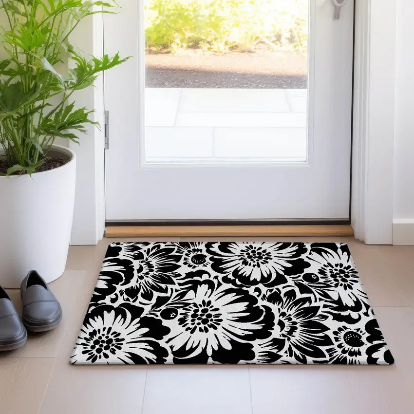 Black and Ivory Floral Washable Non Skid Indoor Outdoor Area Rug Photo 8