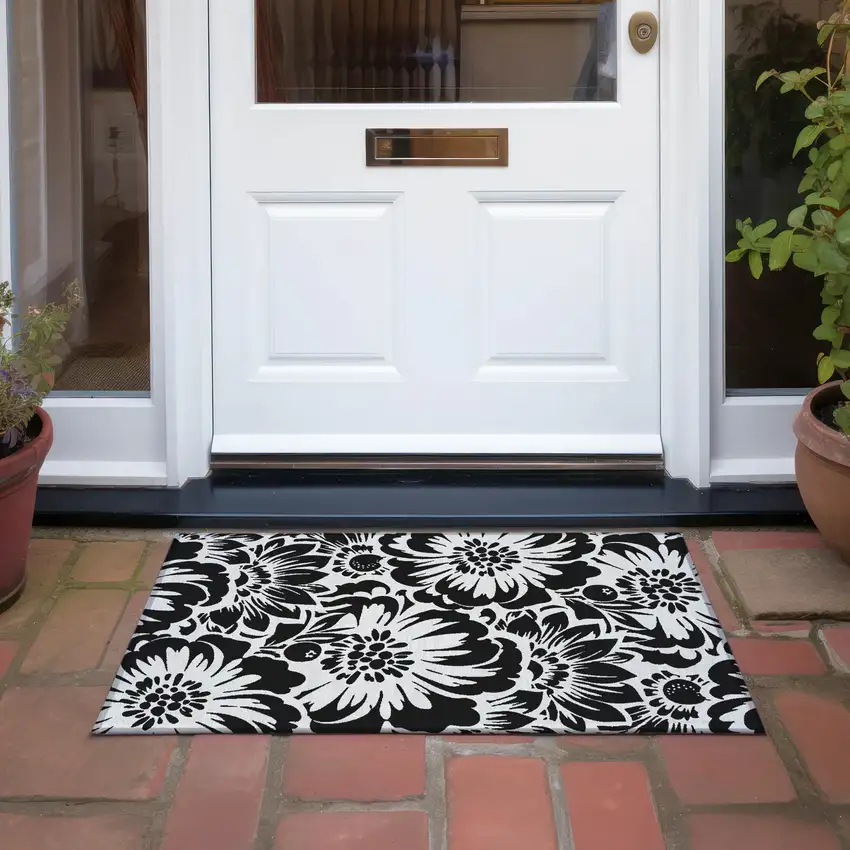 Black and Ivory Floral Washable Non Skid Indoor Outdoor Area Rug Photo 7