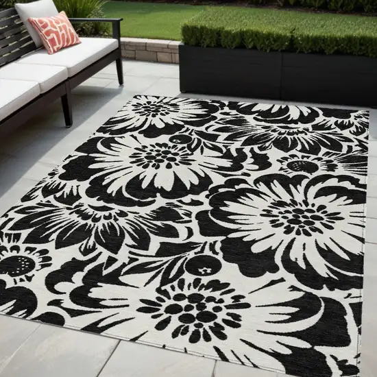 Black and Ivory Floral Washable Non Skid Indoor Outdoor Area Rug Photo 1