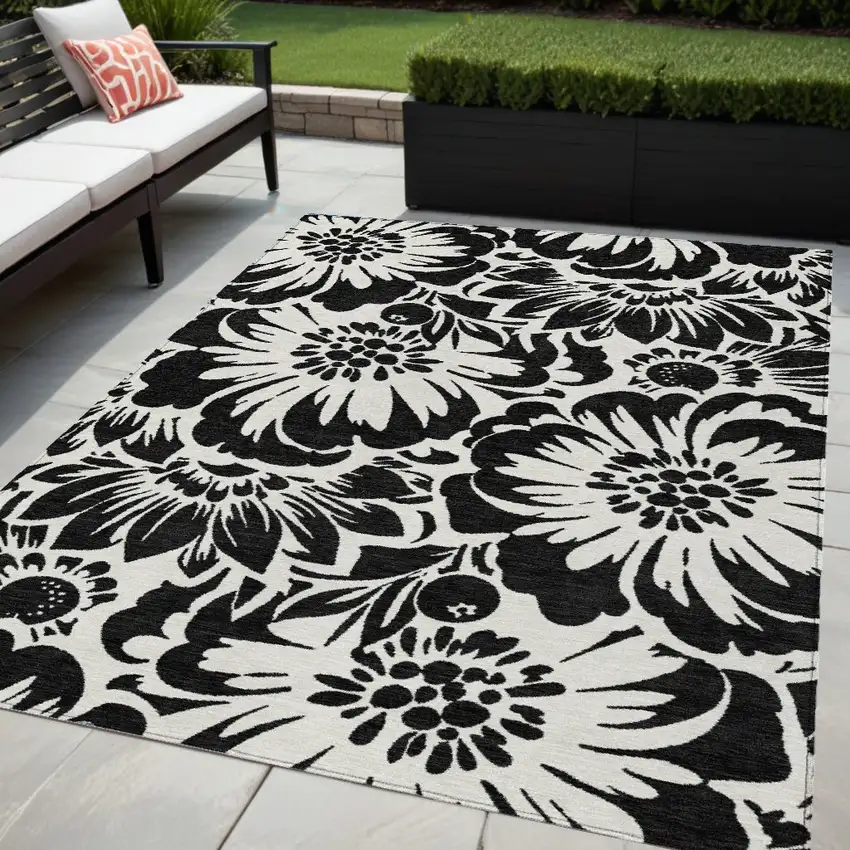 Black and Ivory Floral Washable Non Skid Indoor Outdoor Area Rug Photo 1