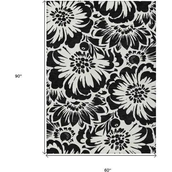Black and Ivory Floral Washable Non Skid Indoor Outdoor Area Rug Photo 3