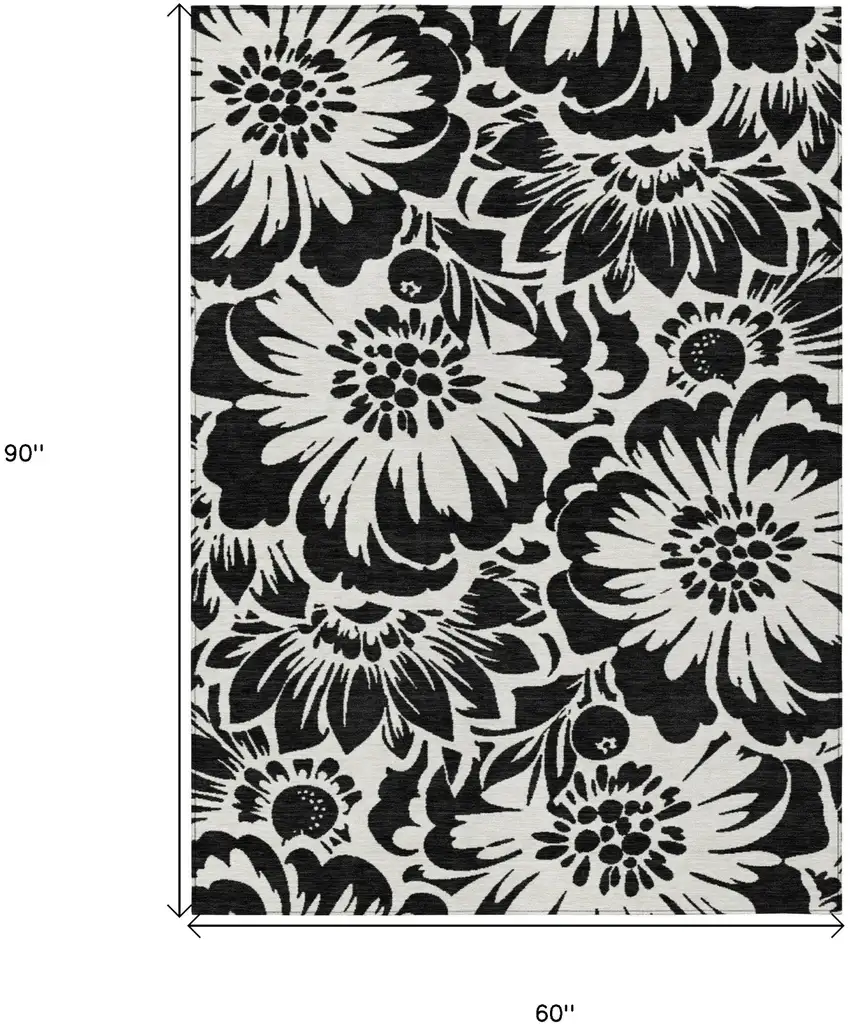 Black and Ivory Floral Washable Non Skid Indoor Outdoor Area Rug Photo 3