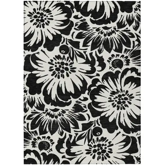 Black and Ivory Floral Washable Non Skid Indoor Outdoor Area Rug Photo 2