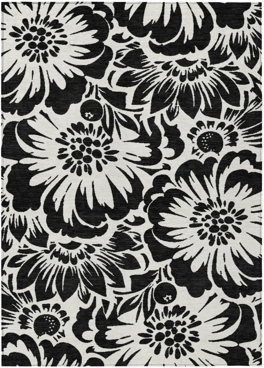 Black and Ivory Floral Washable Non Skid Indoor Outdoor Area Rug Photo 2