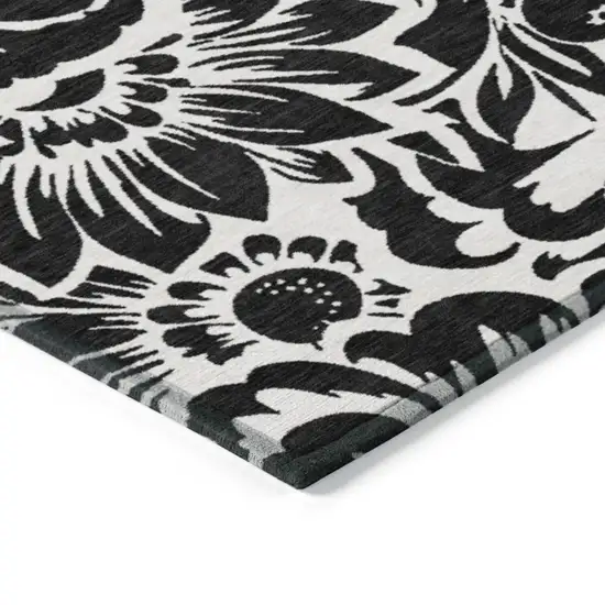 Black and Ivory Floral Washable Non Skid Indoor Outdoor Area Rug Photo 7