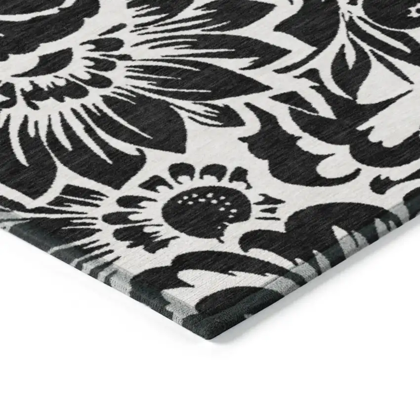 Black and Ivory Floral Washable Non Skid Indoor Outdoor Area Rug Photo 7