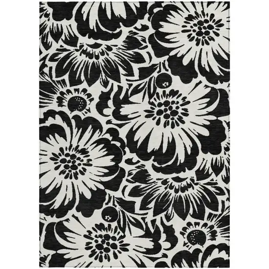 Black and Ivory Floral Washable Non Skid Indoor Outdoor Area Rug Photo 5
