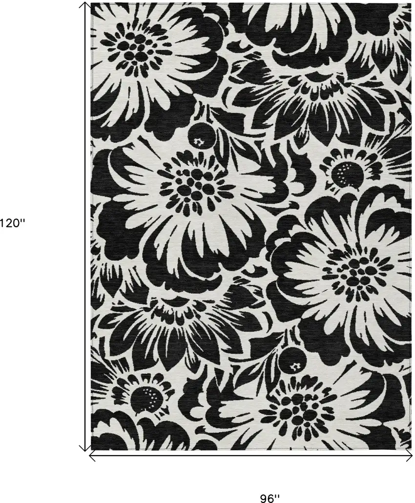 Black and Ivory Floral Washable Non Skid Indoor Outdoor Area Rug Photo 3