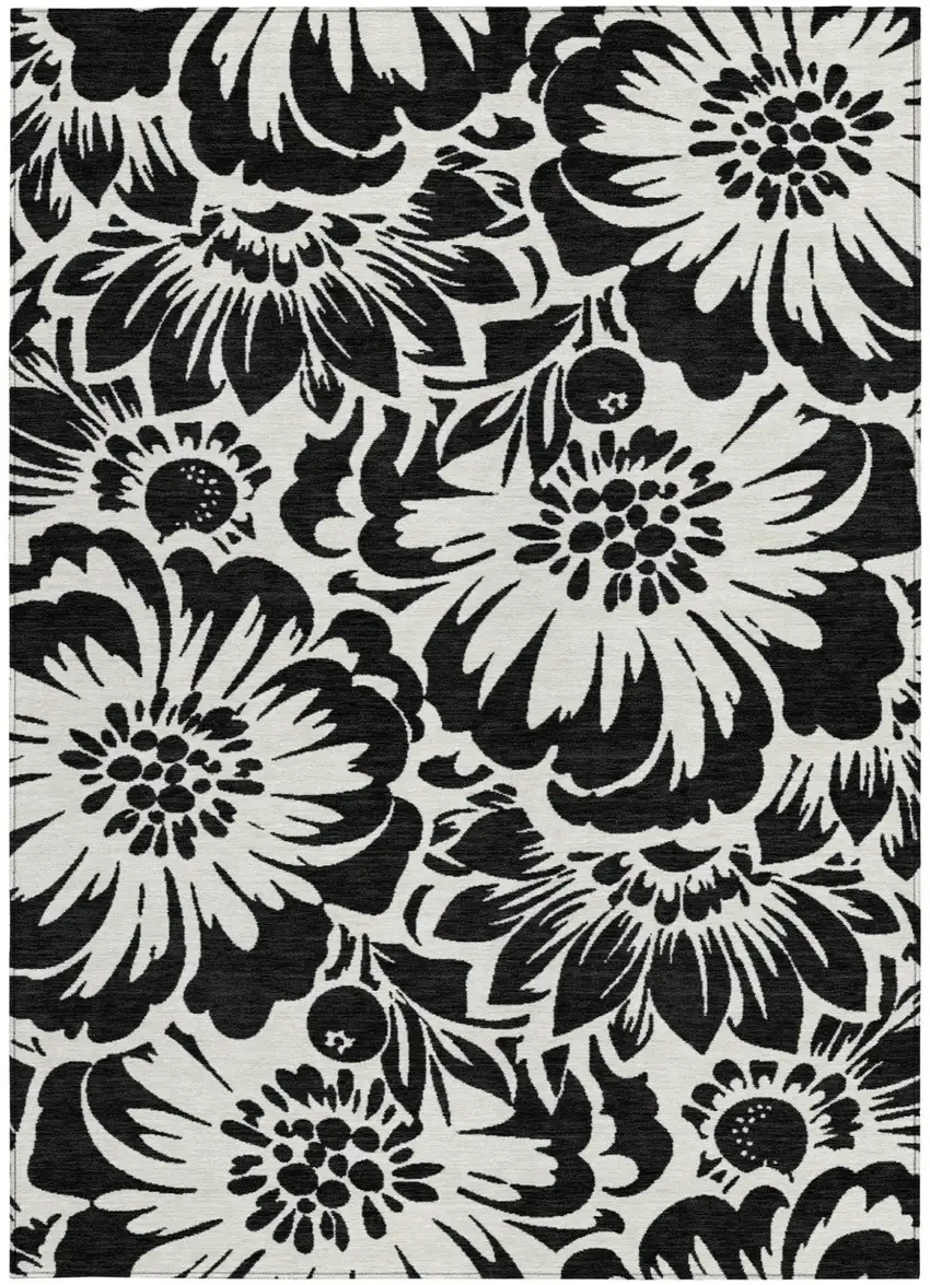 Black and Ivory Floral Washable Non Skid Indoor Outdoor Area Rug Photo 4