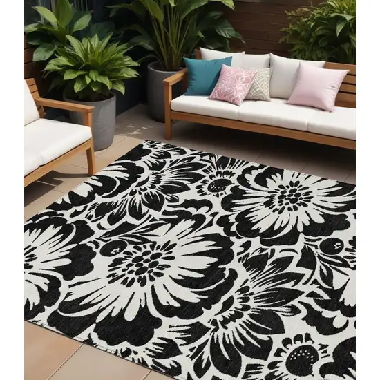 Black and Ivory Floral Washable Non Skid Indoor Outdoor Area Rug Photo 1