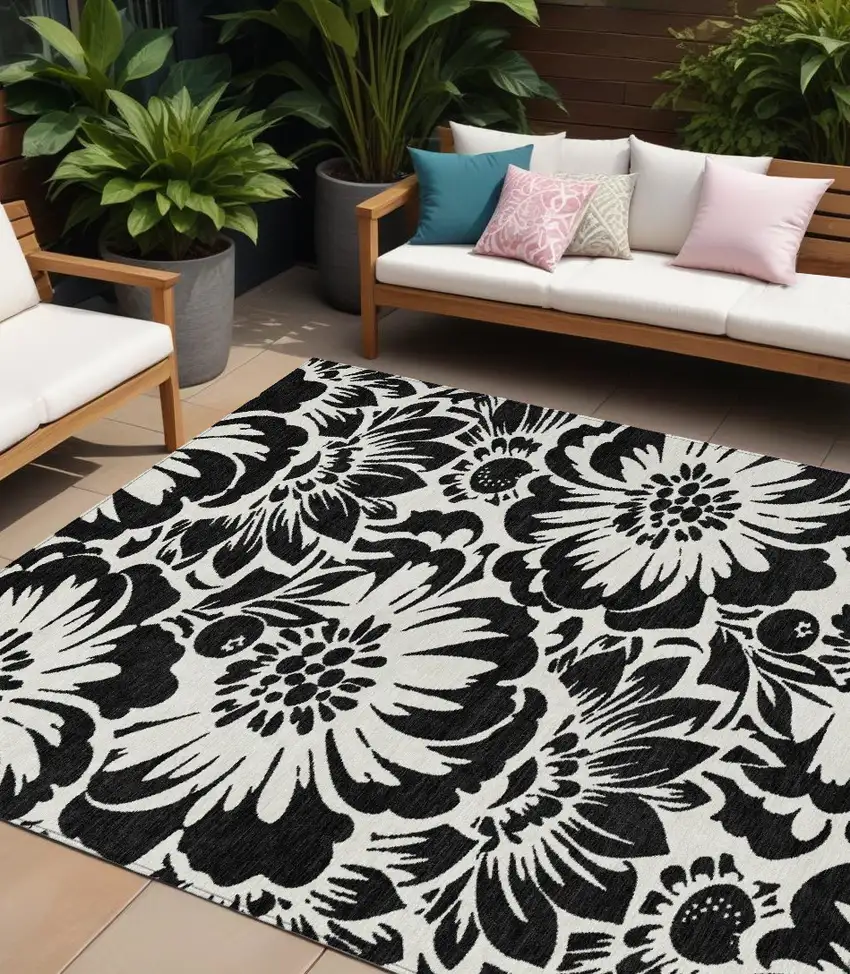 Black and Ivory Floral Washable Non Skid Indoor Outdoor Area Rug Photo 1