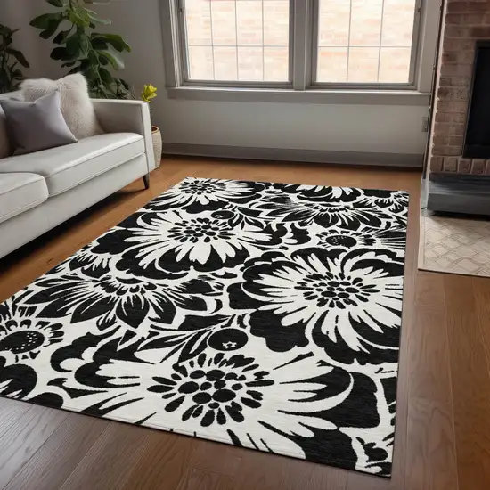 Black and Ivory Floral Washable Non Skid Indoor Outdoor Area Rug Photo 9