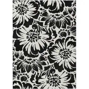 Photo of Black and Ivory Floral Washable Non Skid Indoor Outdoor Area Rug