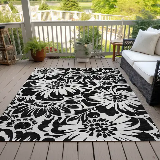Black and Ivory Floral Washable Non Skid Indoor Outdoor Area Rug Photo 8