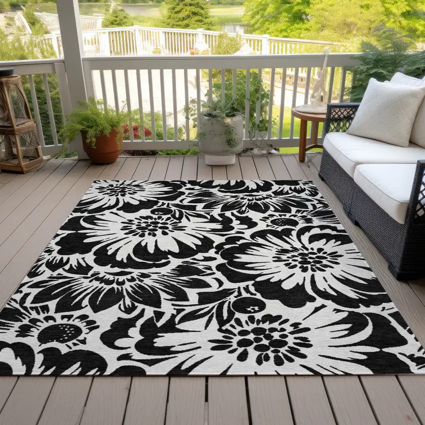 Black and Ivory Floral Washable Non Skid Indoor Outdoor Area Rug Photo 8