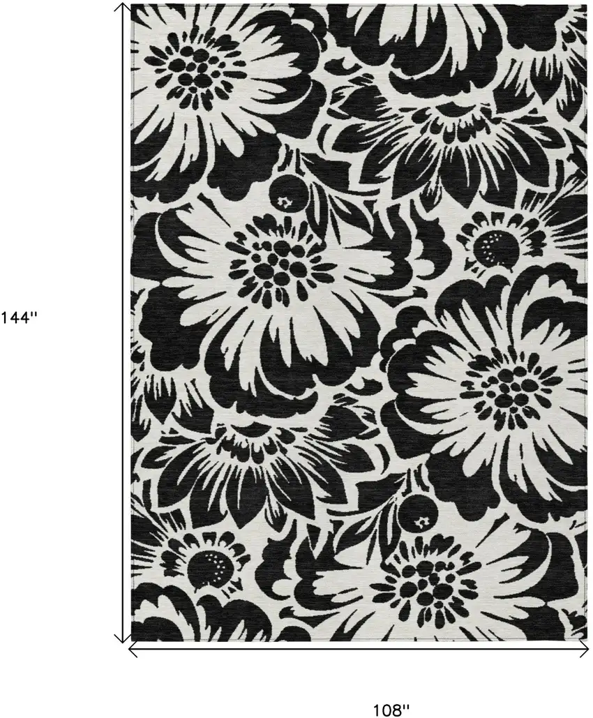 Black and Ivory Floral Washable Non Skid Indoor Outdoor Area Rug Photo 3