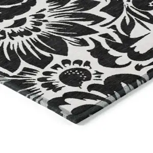 Photo of Black and Ivory Floral Washable Non Skid Indoor Outdoor Area Rug