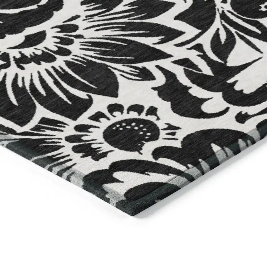 Black and Ivory Floral Washable Non Skid Indoor Outdoor Area Rug Photo 6