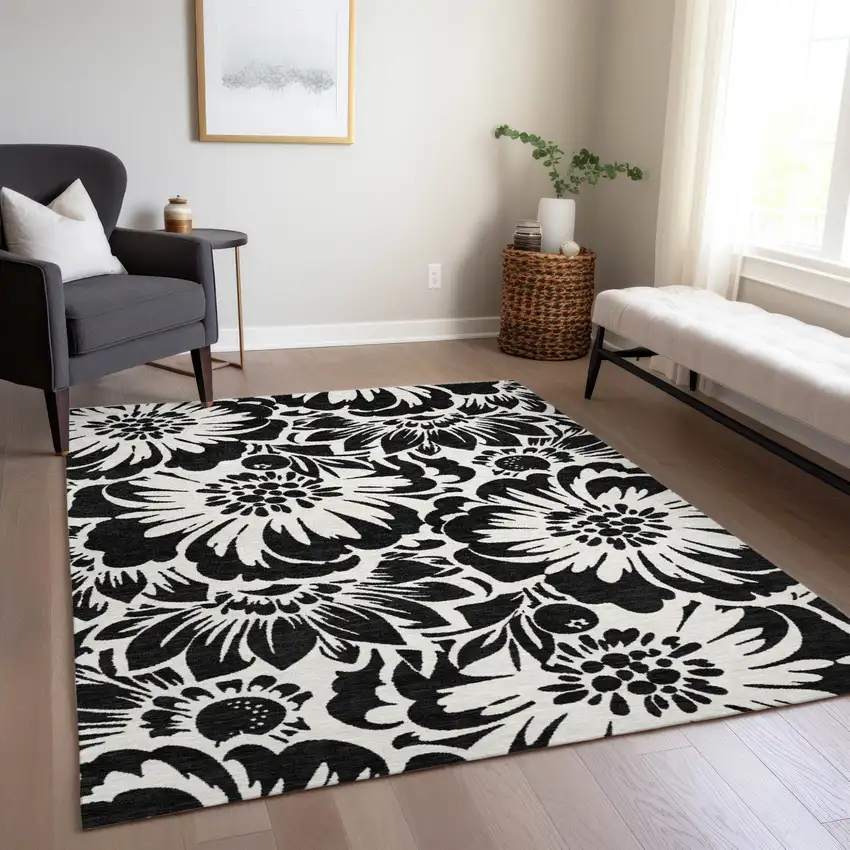 Black and Ivory Floral Washable Non Skid Indoor Outdoor Area Rug Photo 9