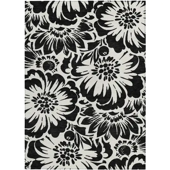 Black and Ivory Floral Washable Non Skid Indoor Outdoor Area Rug Photo 5