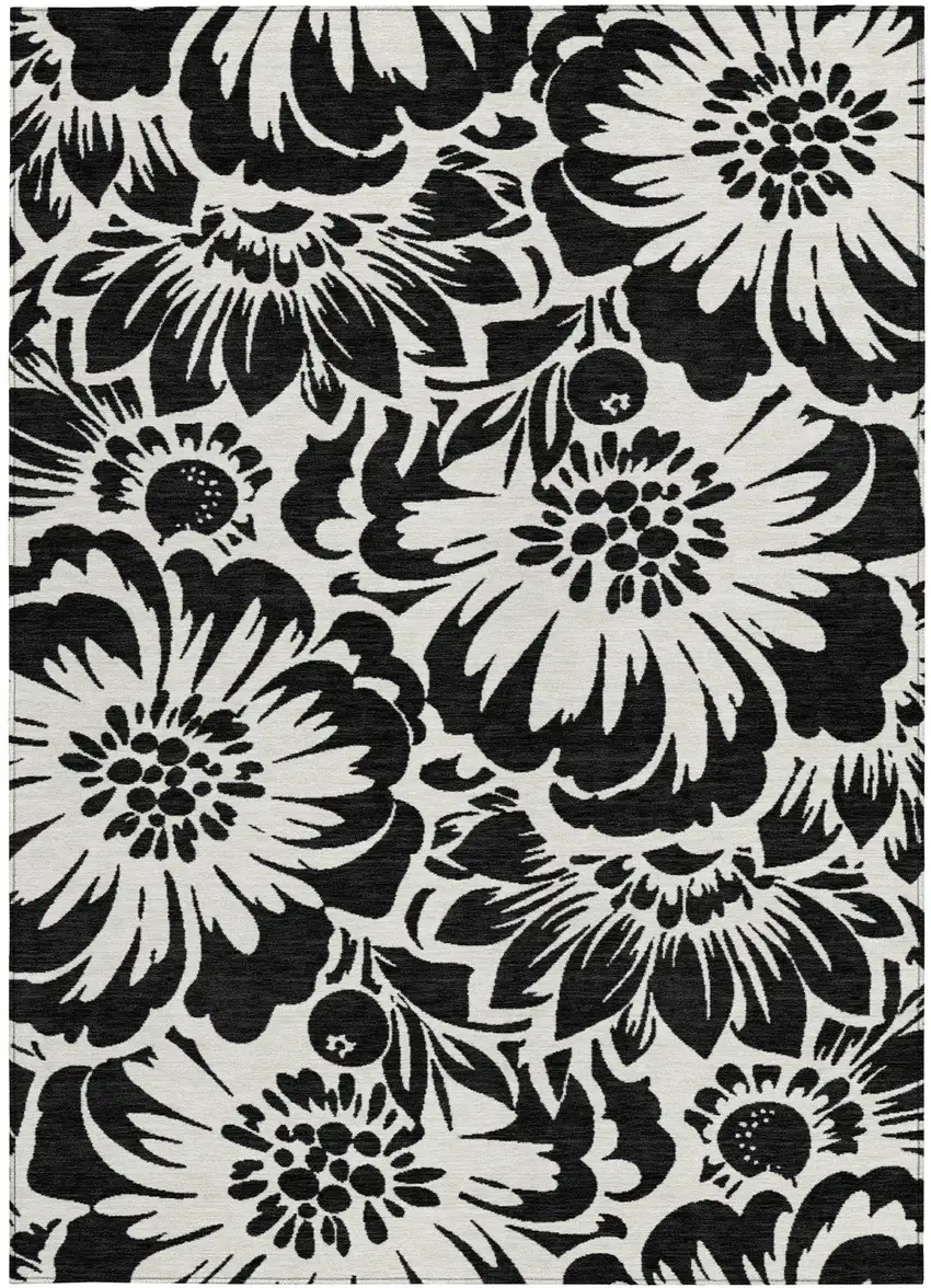 Black and Ivory Floral Washable Non Skid Indoor Outdoor Area Rug Photo 5