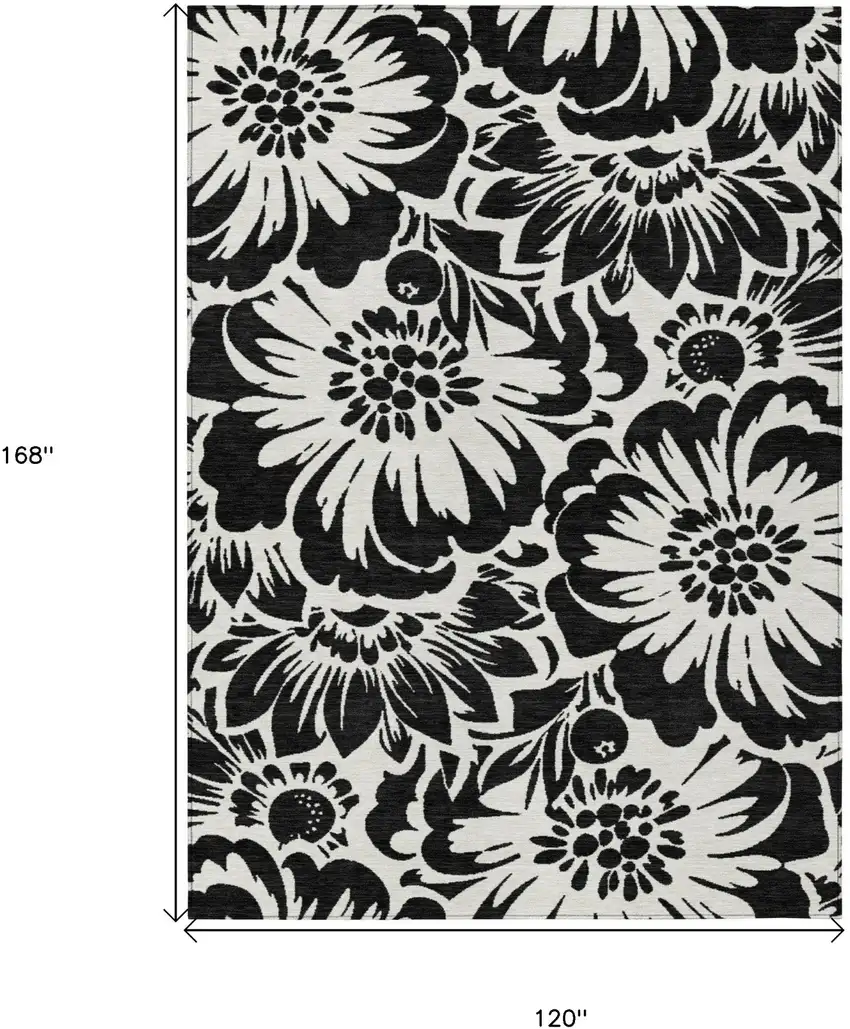 Black and Ivory Floral Washable Non Skid Indoor Outdoor Area Rug Photo 3