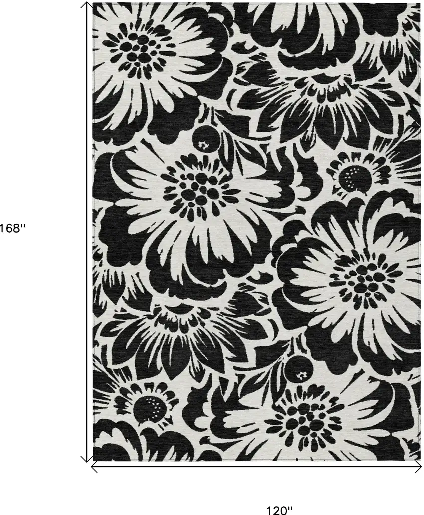 Black and Ivory Floral Washable Non Skid Indoor Outdoor Area Rug Photo 3