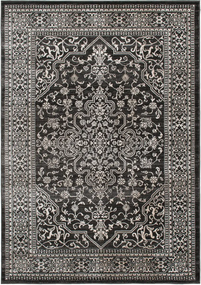 Black and Ivory Oriental Distressed Area Rug Photo 2